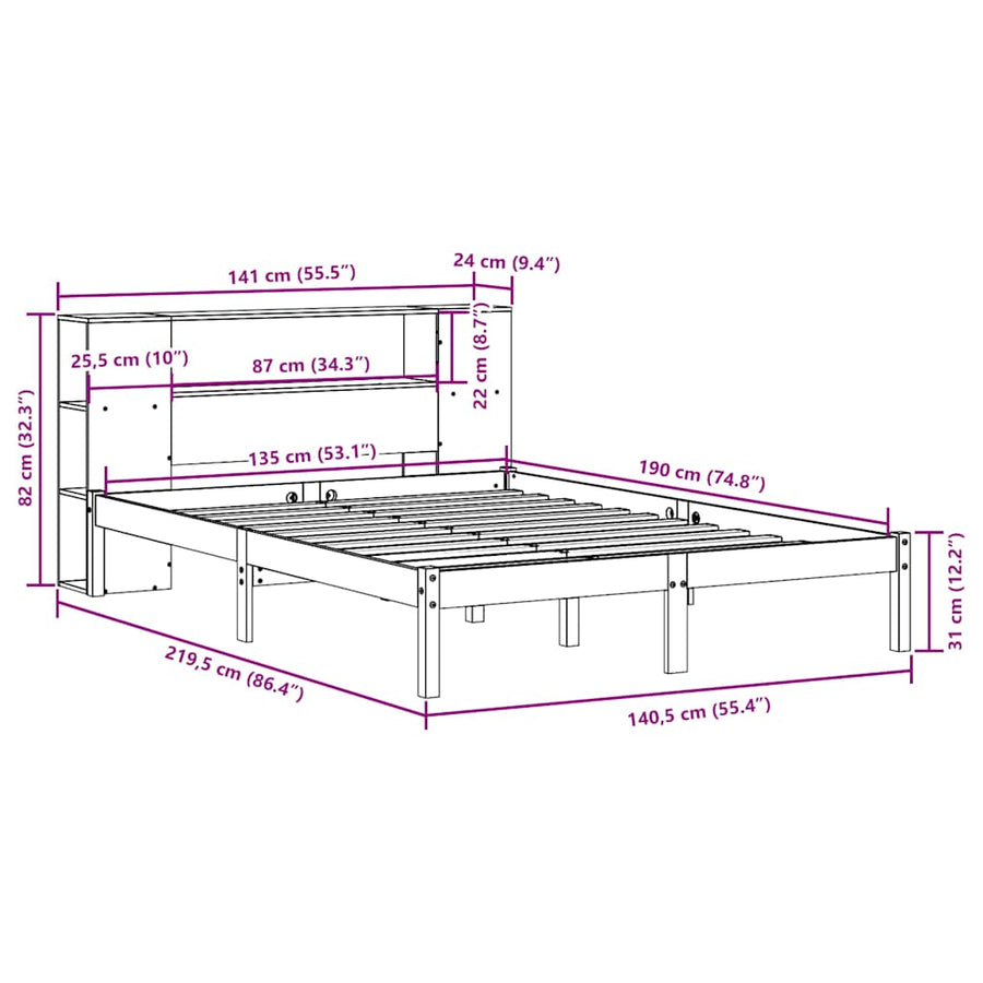Bed met boekenkast zonder matras grenenhout wit 135x190 cm