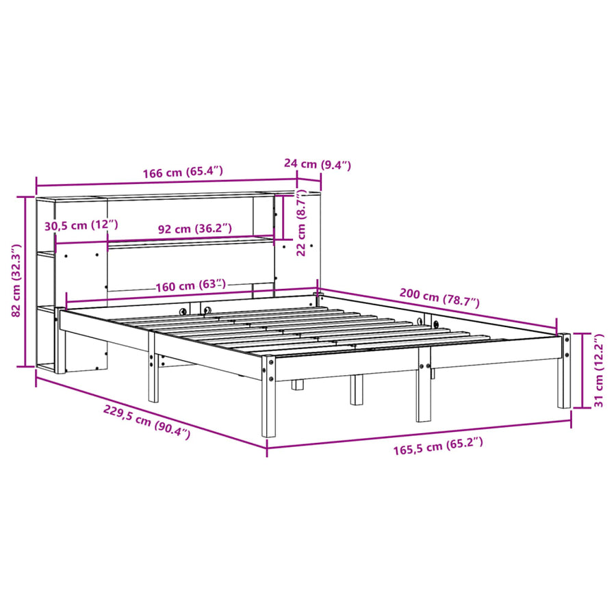 Bed met boekenkast zonder matras grenenhout wit 160x200 cm