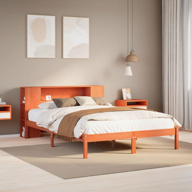 Bed met boekenkast zonder matras grenenhout wasbruin 120x190 cm