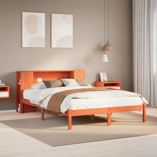 Bed met boekenkast zonder matras grenenhout wasbruin 140x190 cm