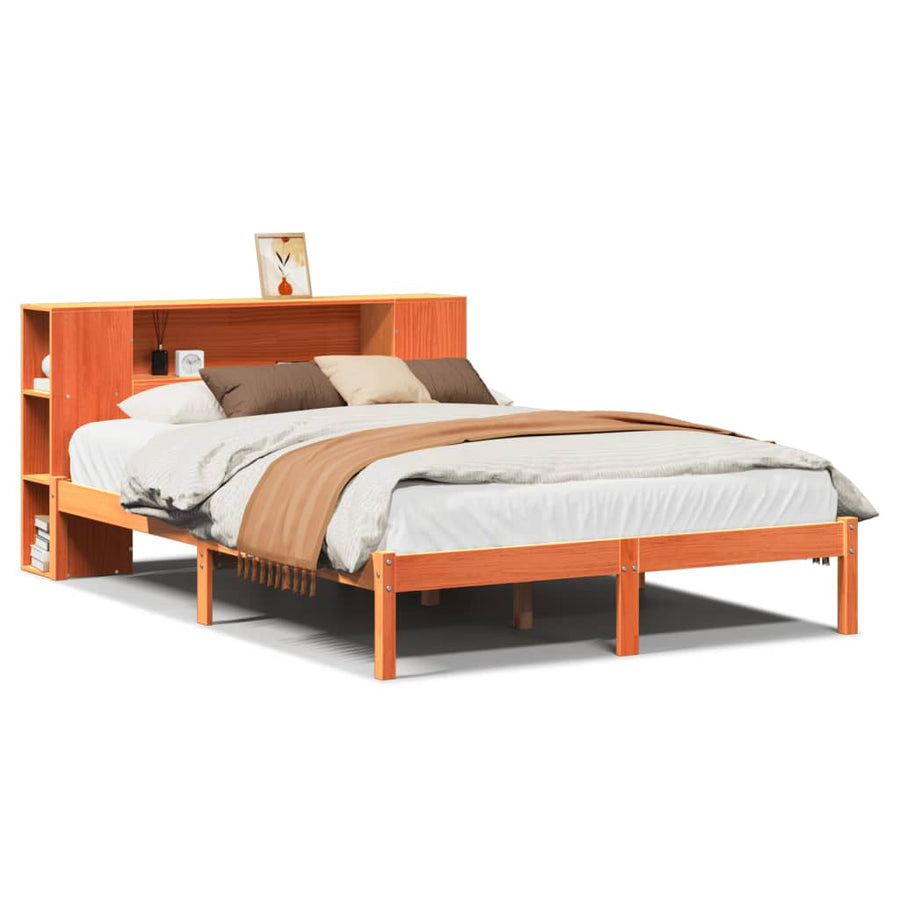 Bed met boekenkast zonder matras grenenhout wasbruin 140x200 cm