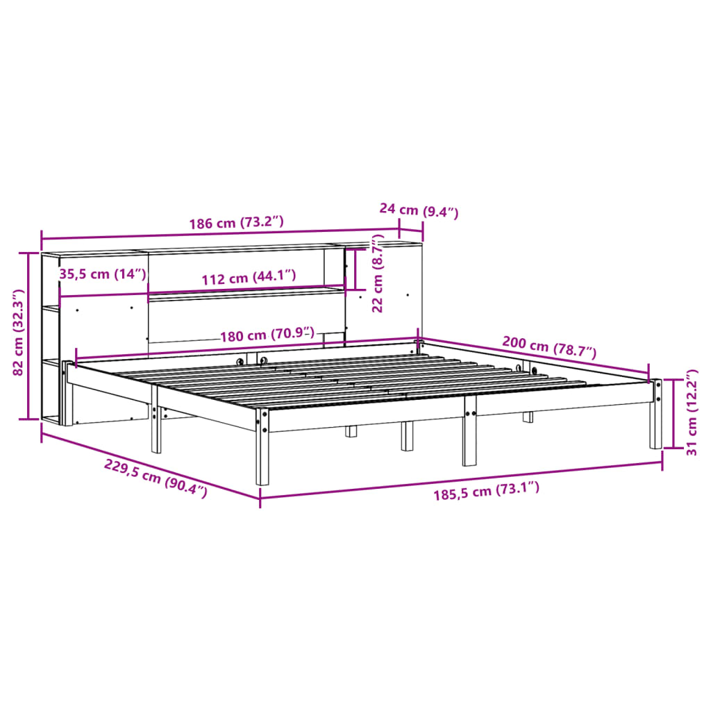 Bed met boekenkast zonder matras grenenhout wasbruin 180x200 cm