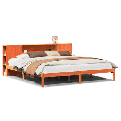 Bed met boekenkast zonder matras grenenhout wasbruin 200x200 cm