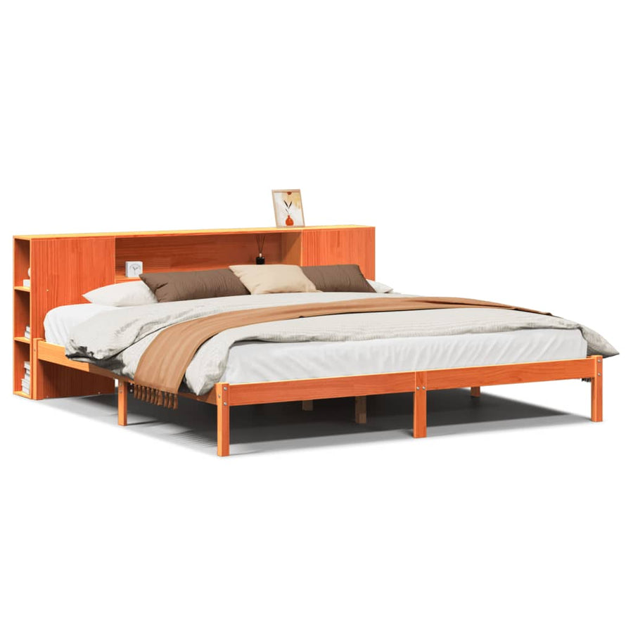 Bed met boekenkast zonder matras grenenhout wasbruin 200x200 cm