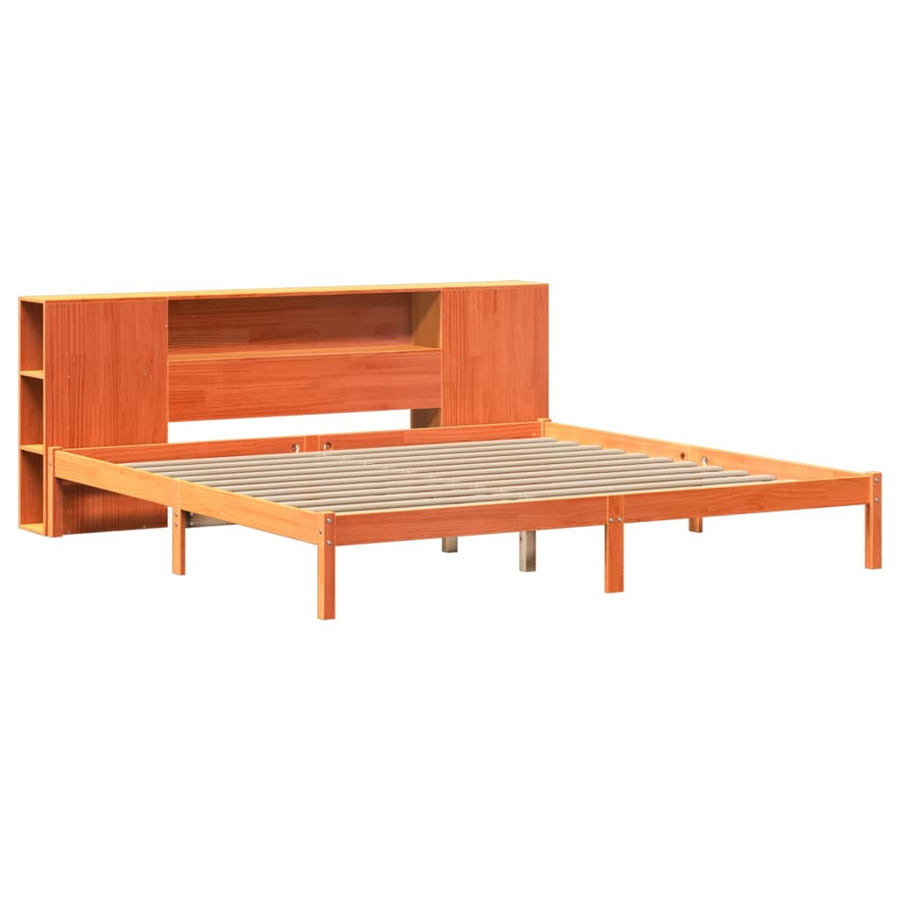 Bed met boekenkast zonder matras grenenhout wasbruin 200x200 cm