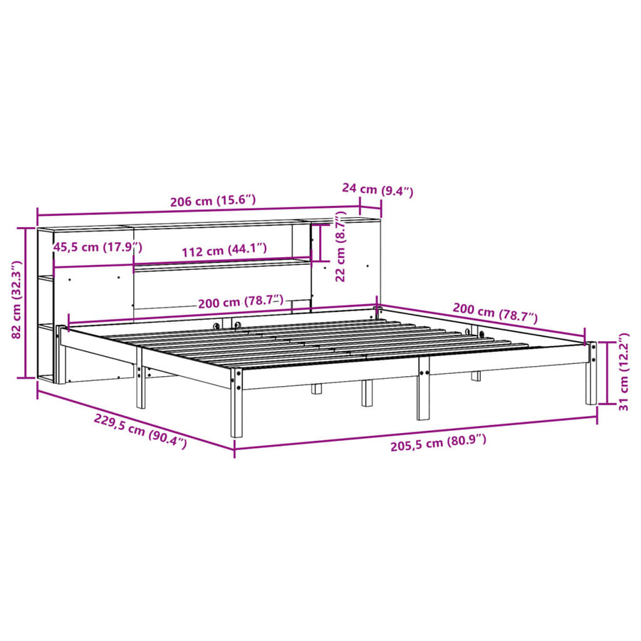 Bed met boekenkast zonder matras grenenhout wasbruin 200x200 cm