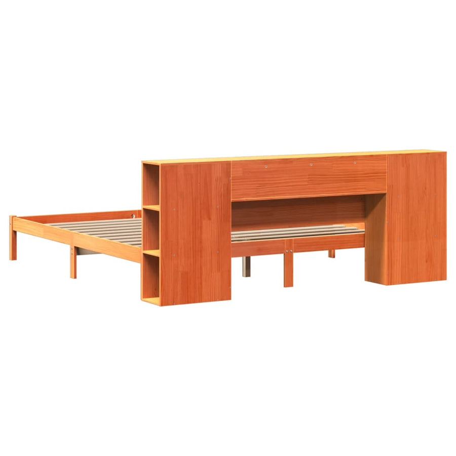 Bed met boekenkast zonder matras grenenhout wasbruin 200x200 cm