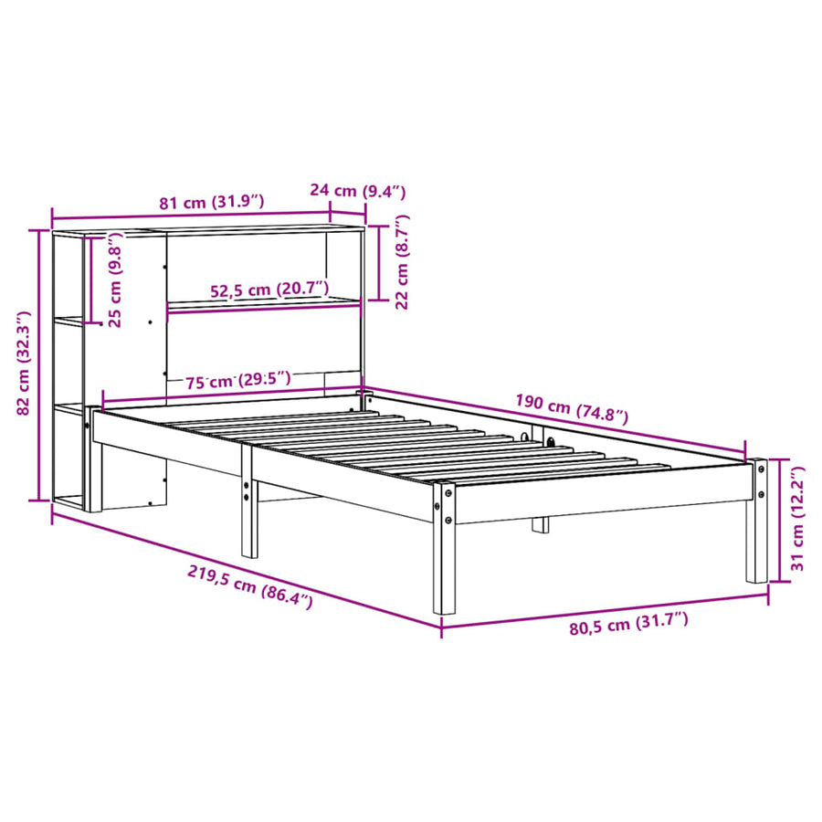 Bed met boekenkast zonder matras grenenhout wit 75x190 cm