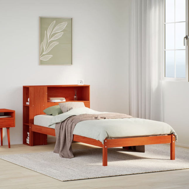 Bed met boekenkast zonder matras grenenhout wasbruin 75x190 cm