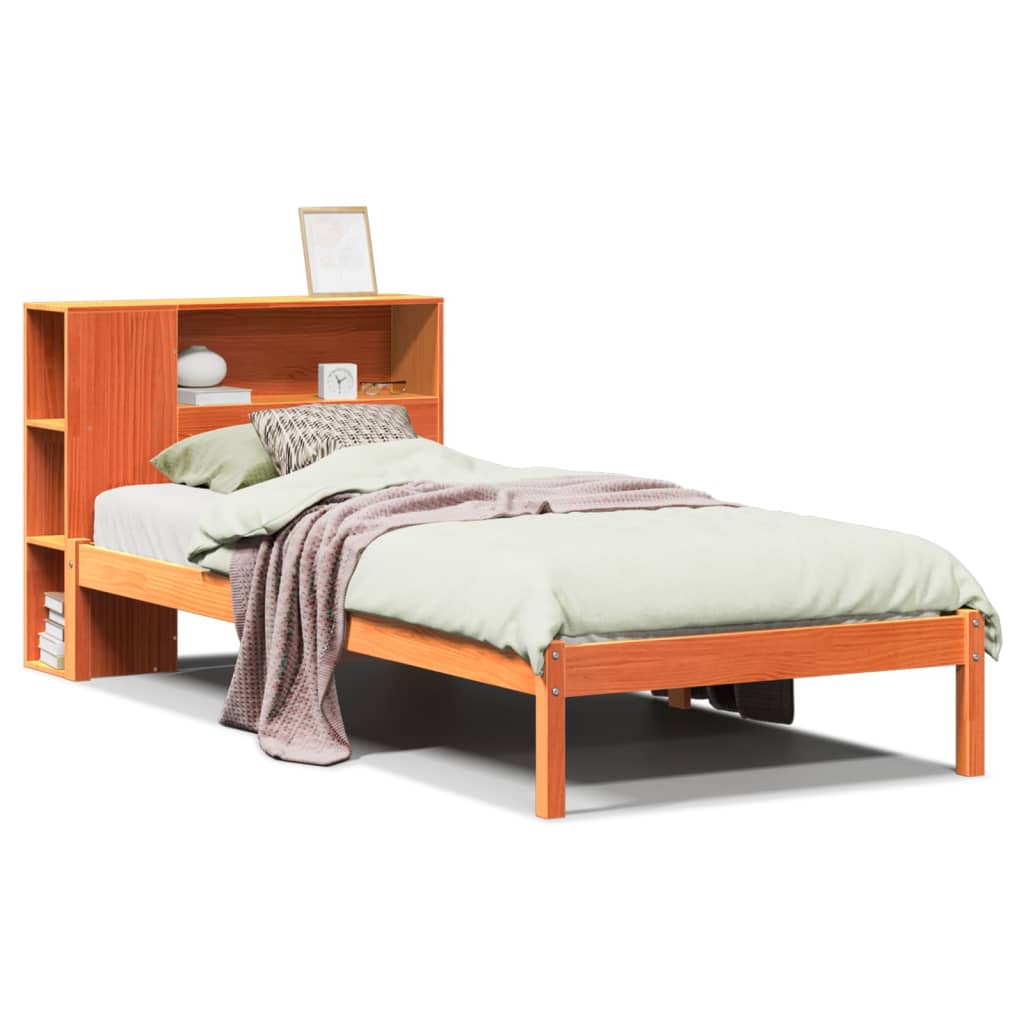 Bed met boekenkast zonder matras grenenhout wasbruin 100x200 cm