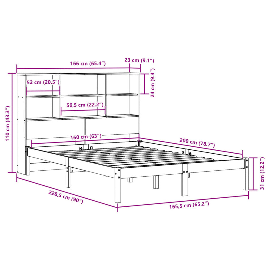 Bed met boekenkast zonder matras grenenhout wit 160x200 cm