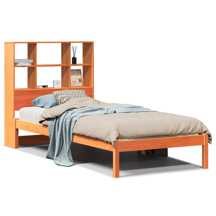 Bed met boekenkast zonder matras grenenhout wasbruin 75x190 cm