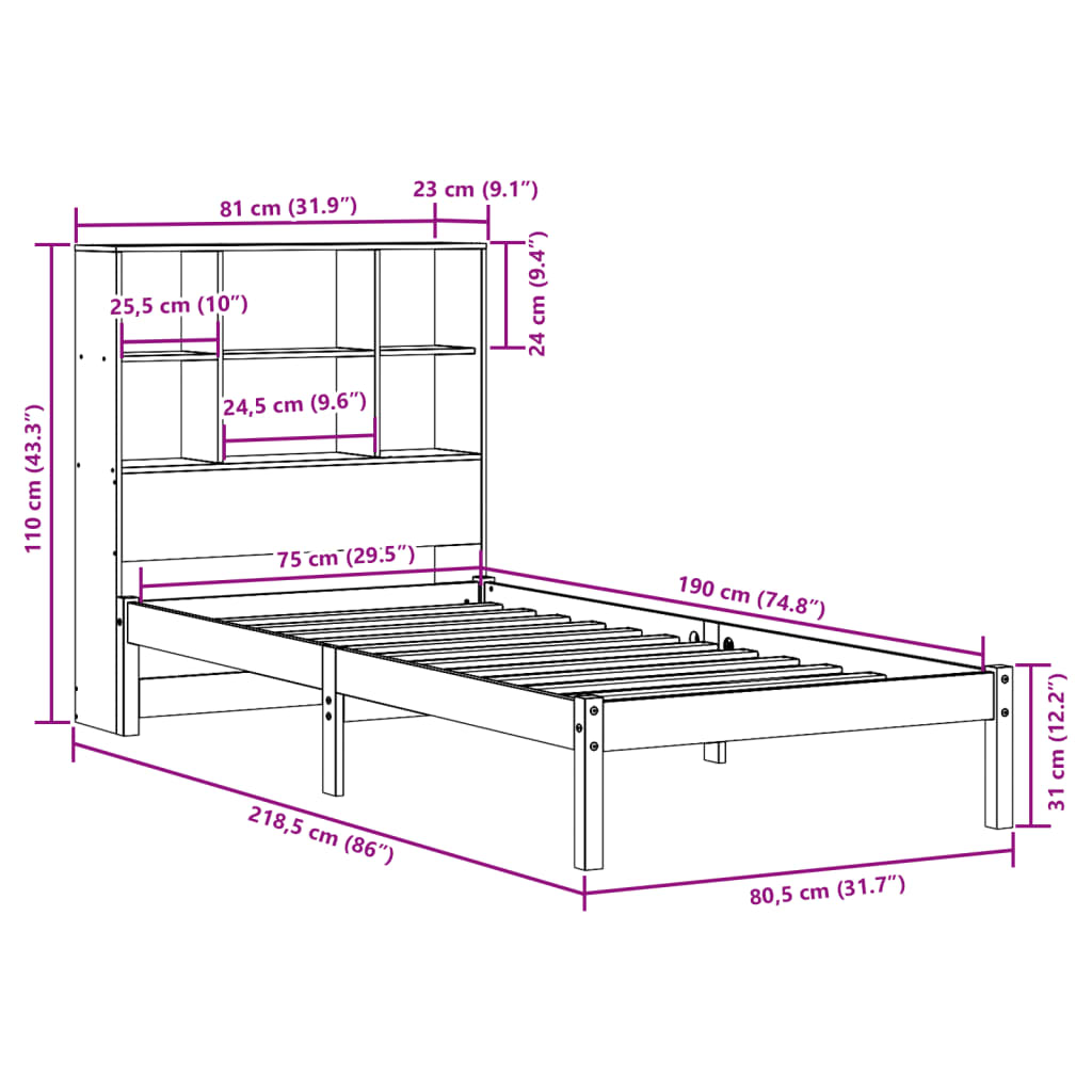 Bed met boekenkast zonder matras grenenhout wasbruin 75x190 cm