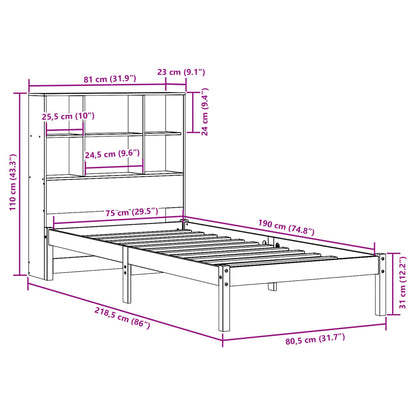 Bed met boekenkast zonder matras grenenhout wasbruin 75x190 cm