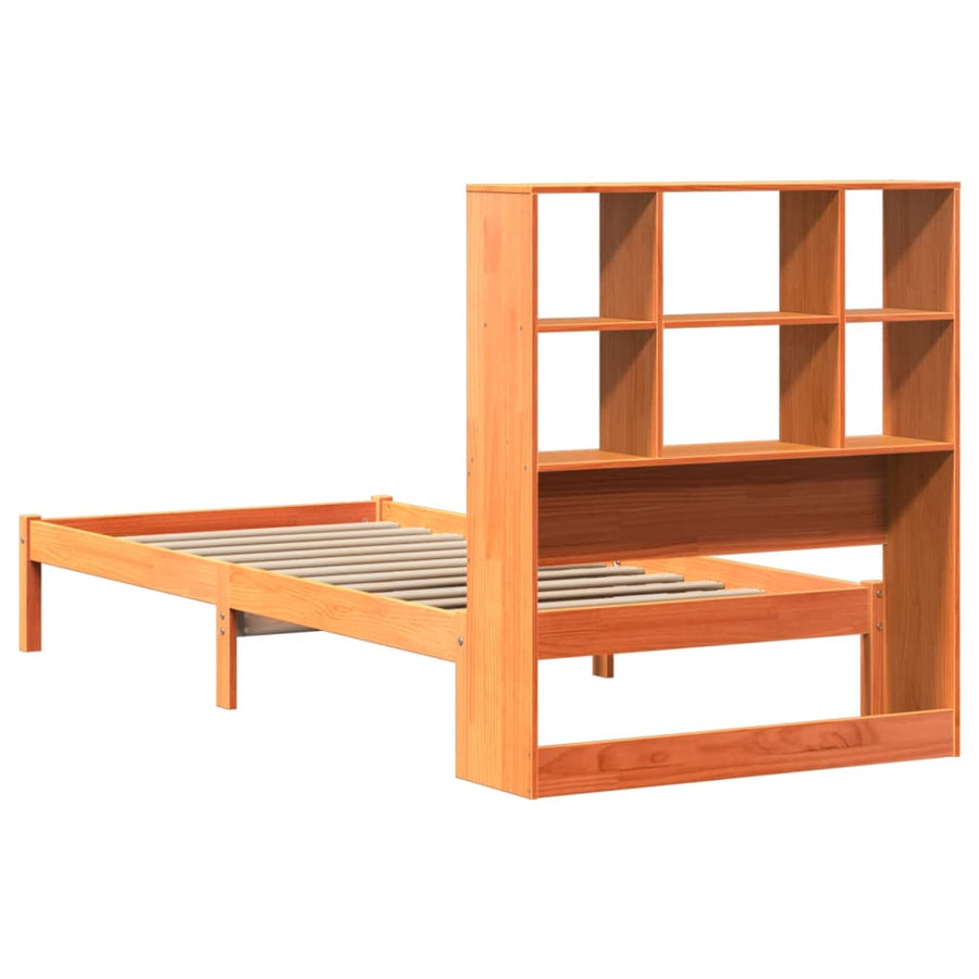 Bed met boekenkast zonder matras grenenhout wasbruin 75x190 cm