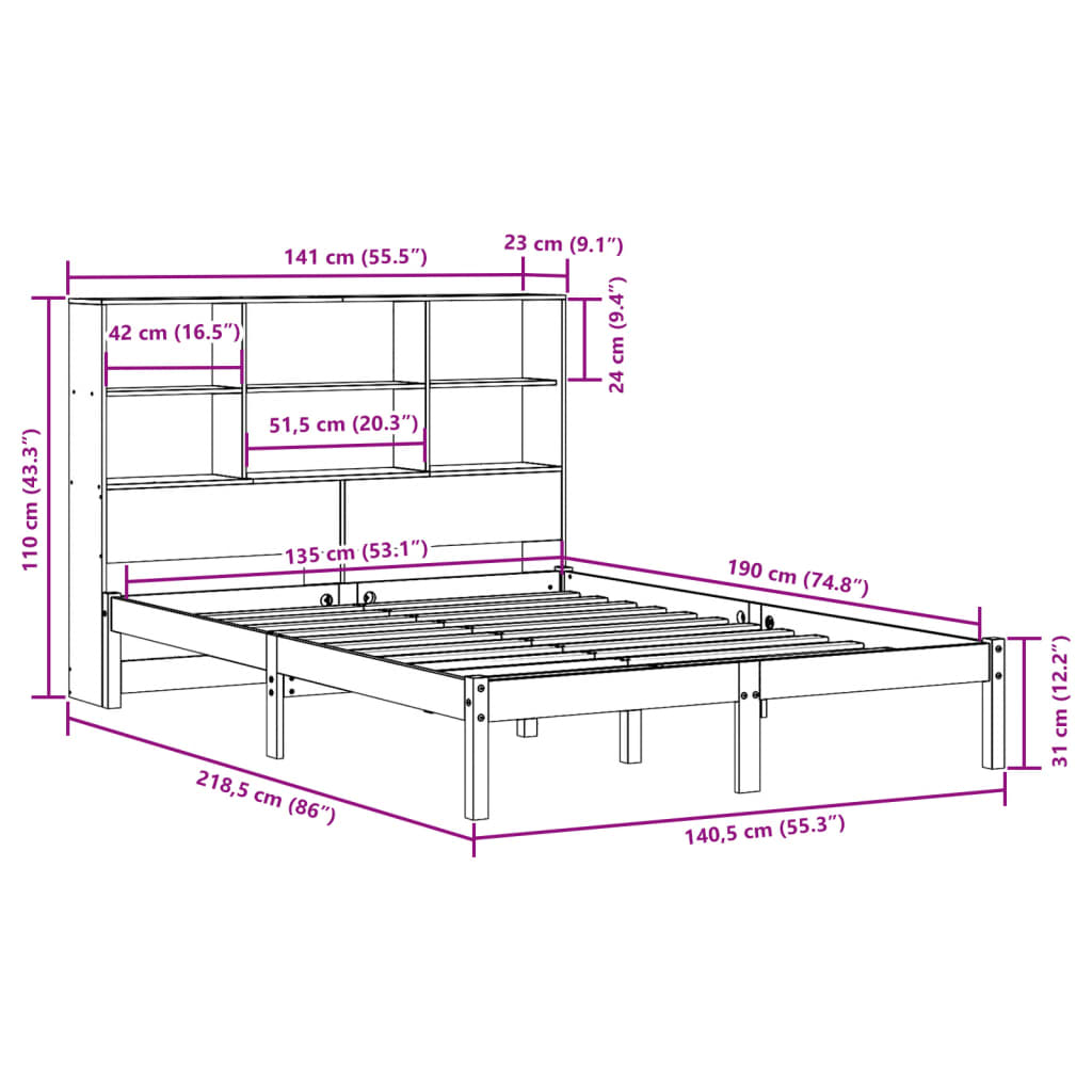 Bed met boekenkast zonder matras grenenhout wasbruin 135x190 cm
