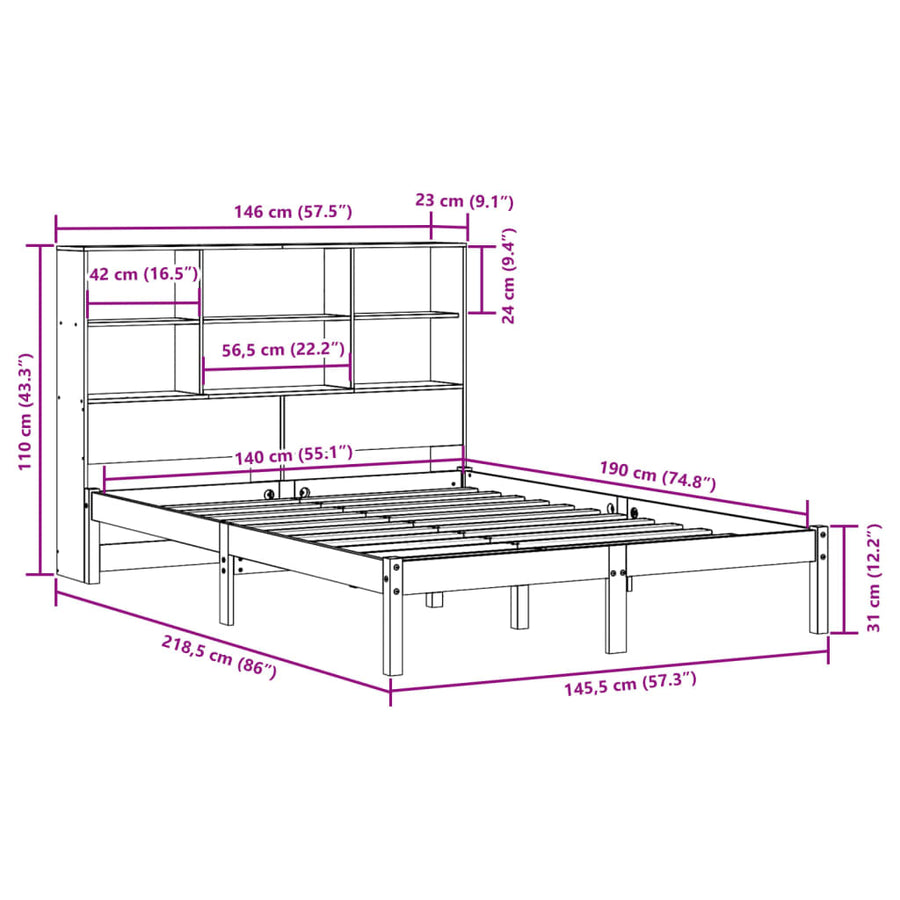Bed met boekenkast zonder matras grenenhout wasbruin 140x190 cm