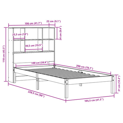 Bed met boekenkast zonder matras grenenhout wasbruin 100x200 cm