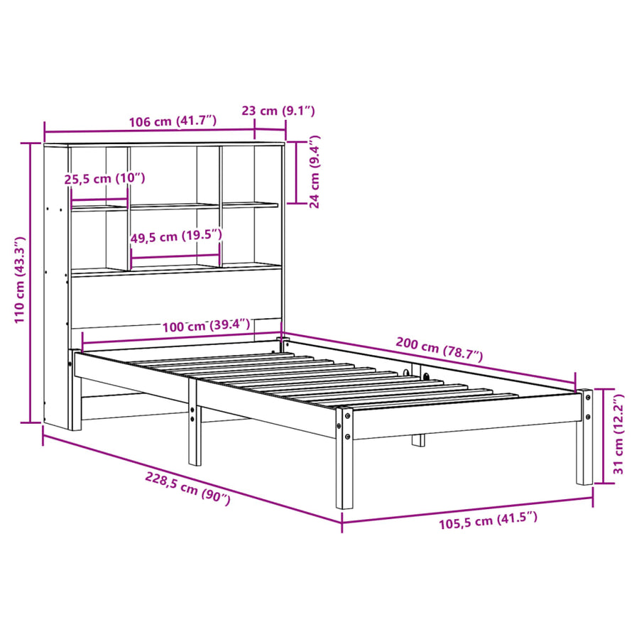 Bed met boekenkast zonder matras grenenhout wasbruin 100x200 cm