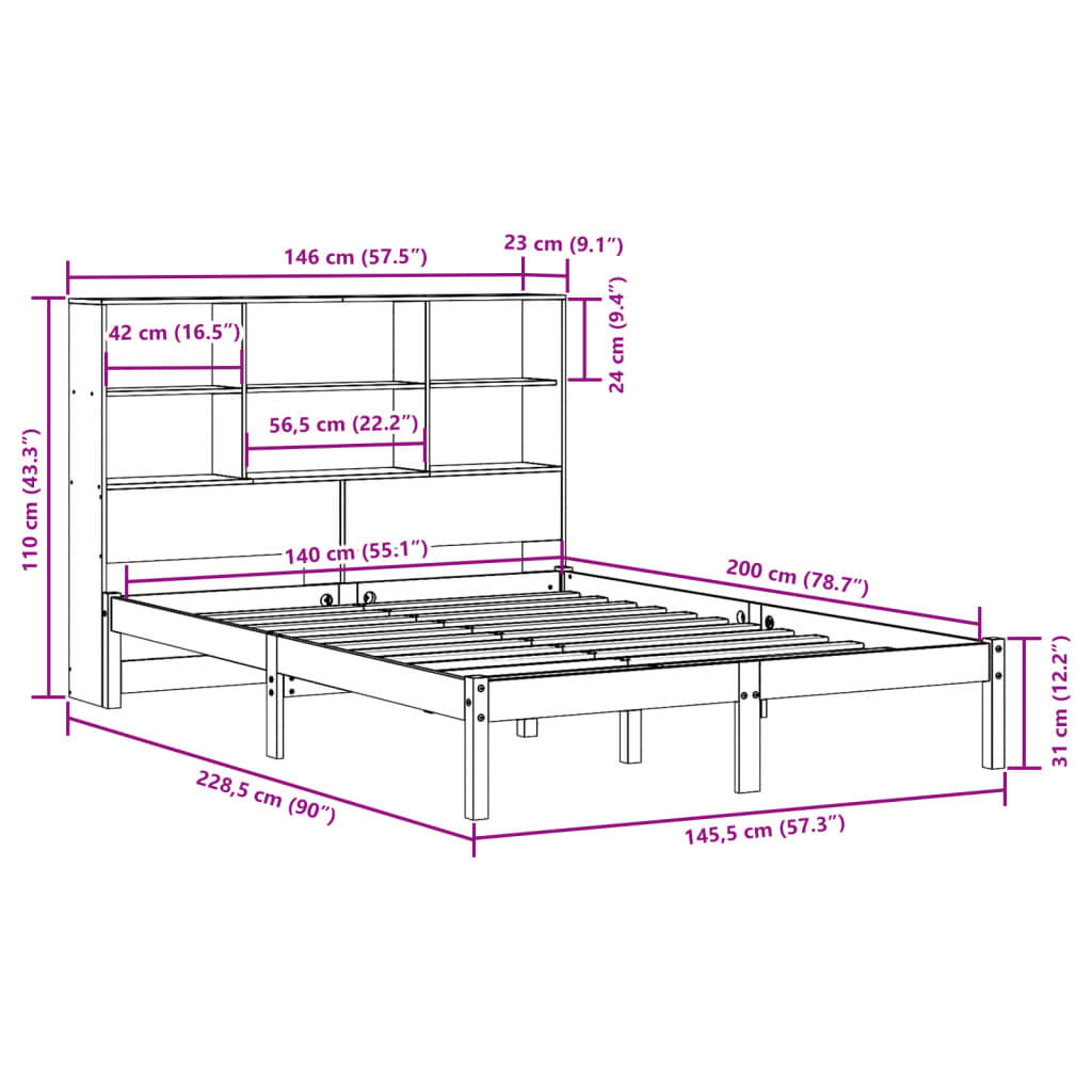 Bed met boekenkast zonder matras grenenhout wasbruin 140x200 cm