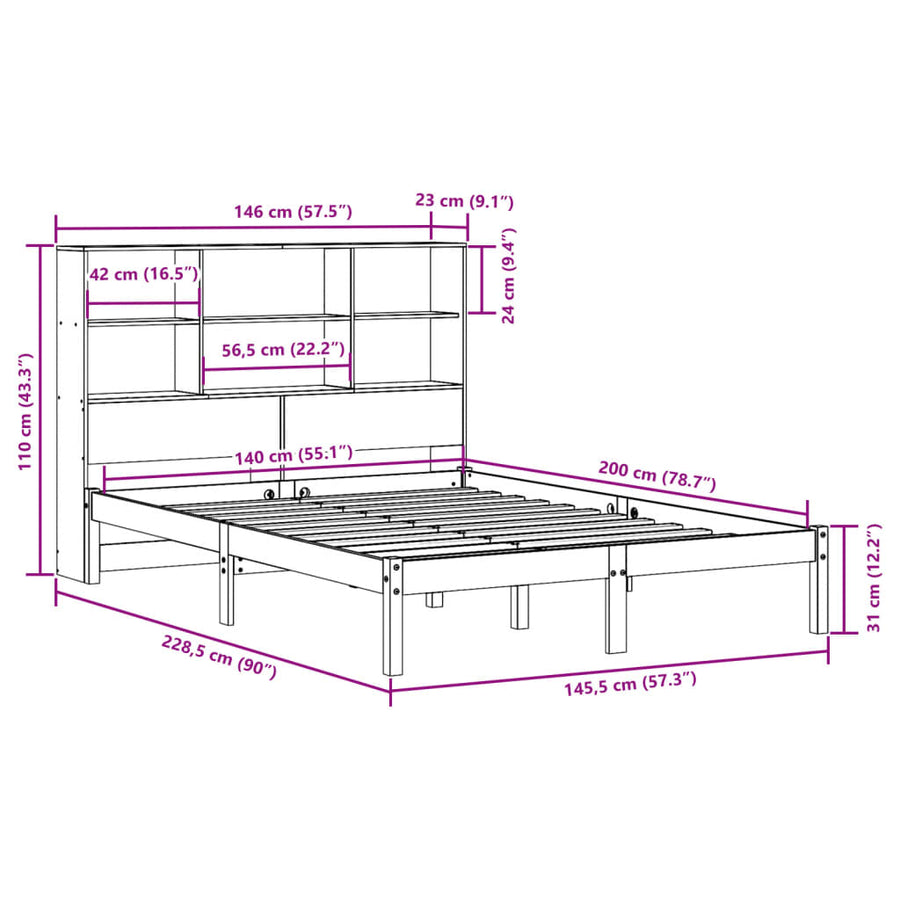 Bed met boekenkast zonder matras grenenhout wasbruin 140x200 cm