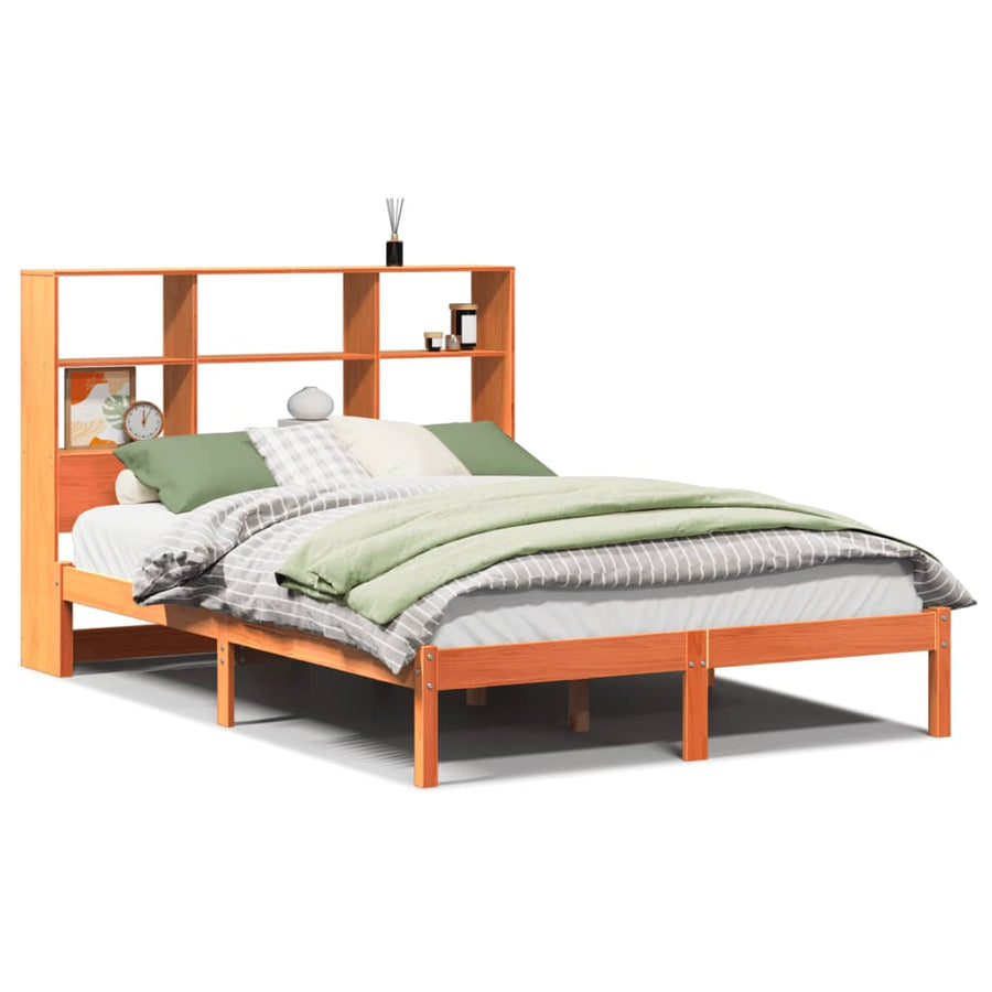 Bed met boekenkast zonder matras grenenhout wasbruin 150x200 cm