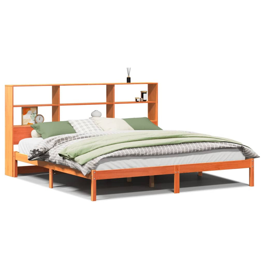 Bed met boekenkast zonder matras grenenhout wasbruin 200x200 cm