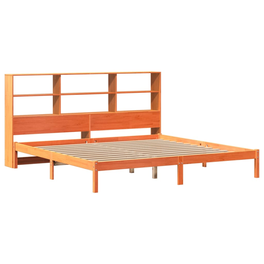 Bed met boekenkast zonder matras grenenhout wasbruin 200x200 cm