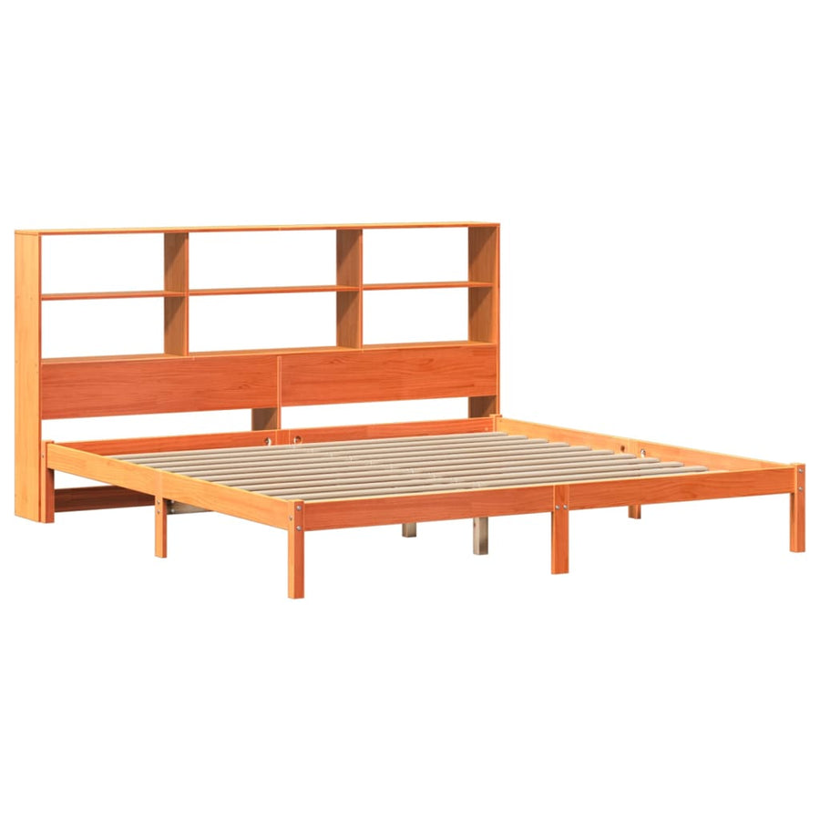 Bed met boekenkast zonder matras grenenhout wasbruin 200x200 cm