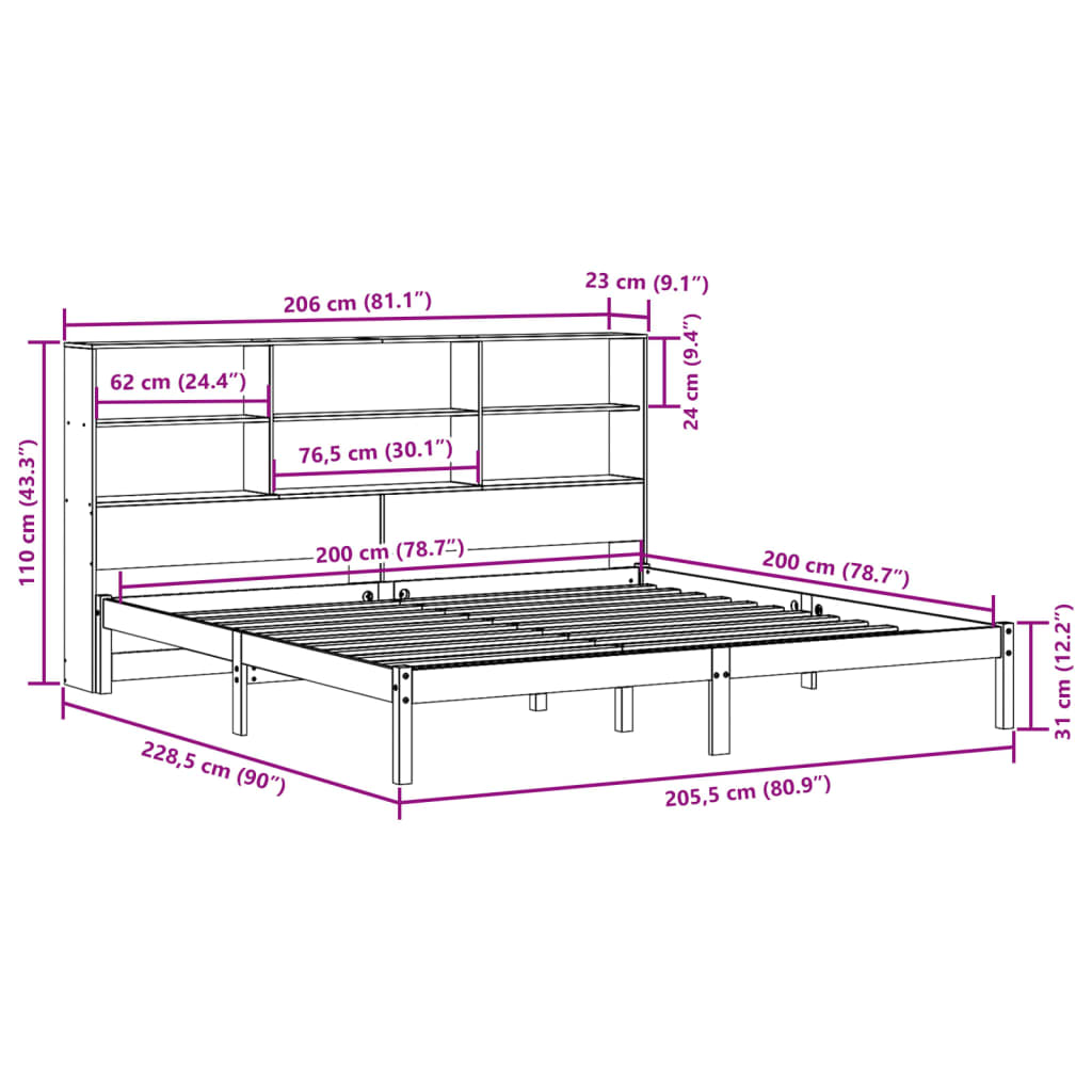 Bed met boekenkast zonder matras grenenhout wasbruin 200x200 cm