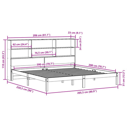 Bed met boekenkast zonder matras grenenhout wasbruin 200x200 cm