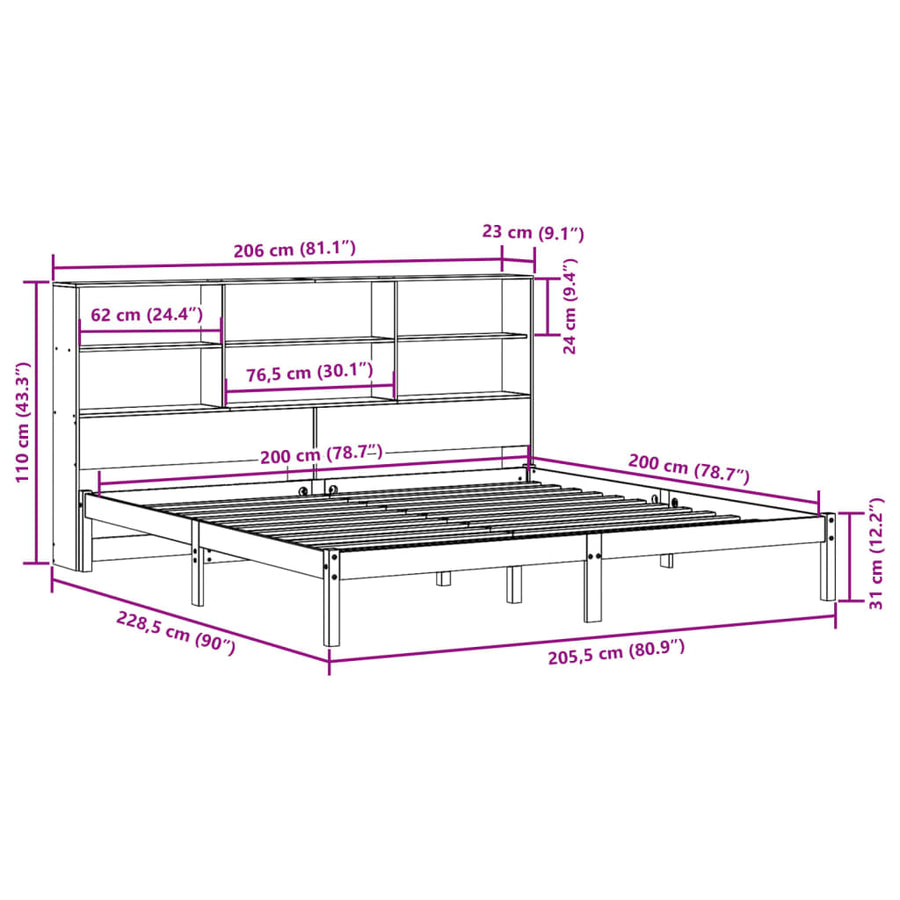Bed met boekenkast zonder matras grenenhout wasbruin 200x200 cm