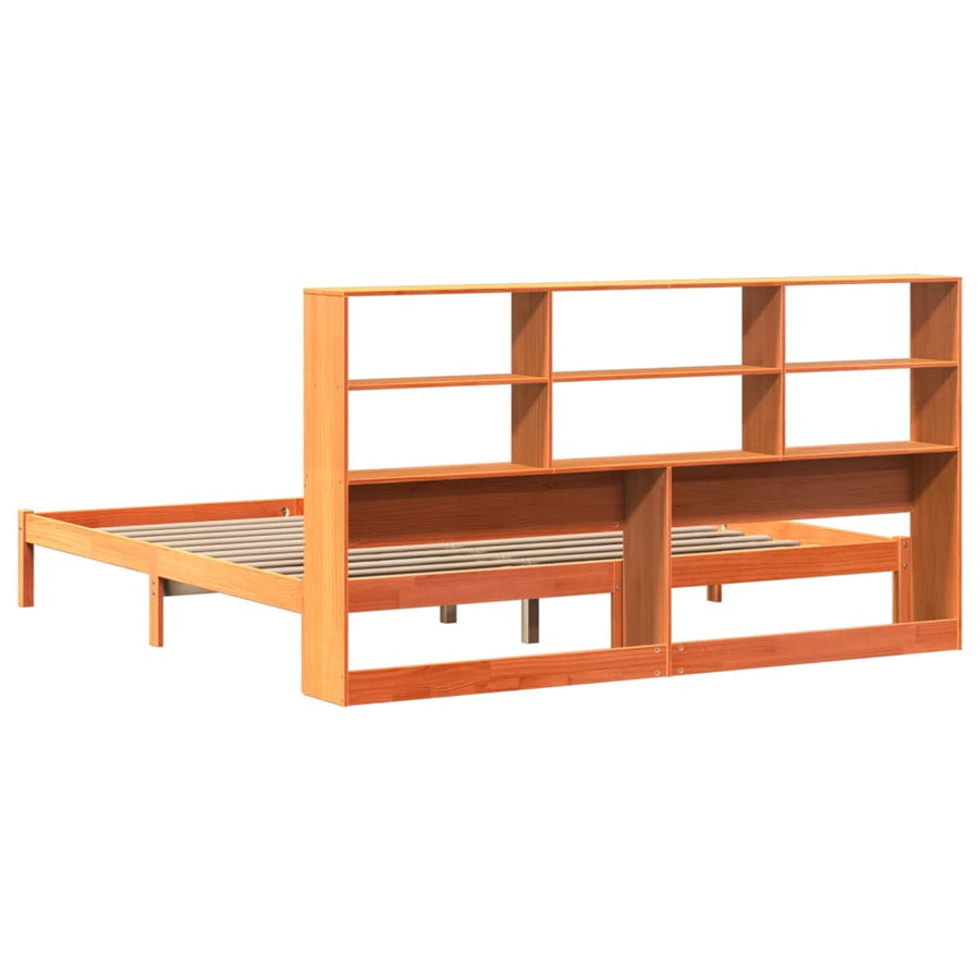 Bed met boekenkast zonder matras grenenhout wasbruin 200x200 cm