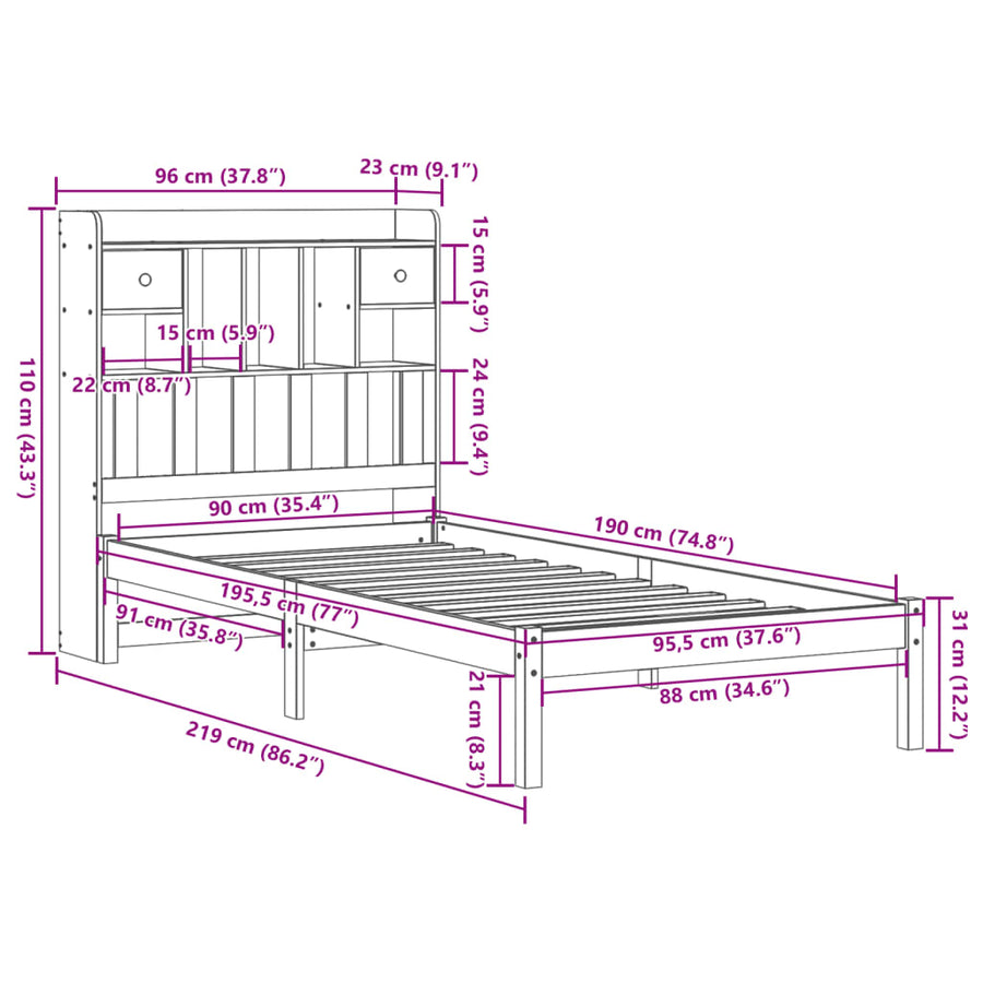 Bed met boekenkast zonder matras massief grenenhout 90x190 cm