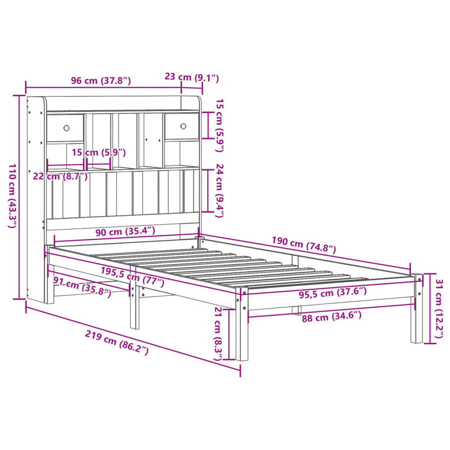 Bed met boekenkast zonder matras grenenhout wit 90x190 cm