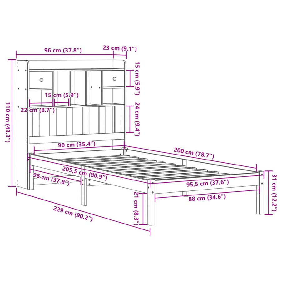 Bed met boekenkast zonder matras grenenhout wit 90x200 cm