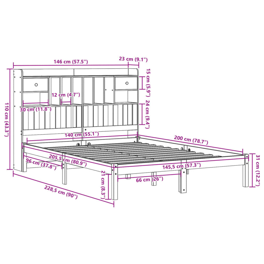 Bed met boekenkast zonder matras grenenhout wit 140x200 cm
