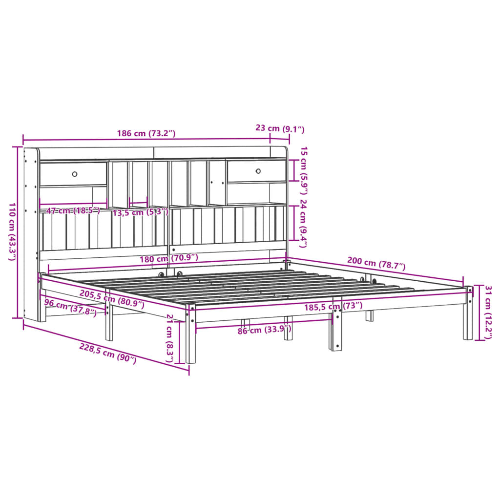 Bed met boekenkast zonder matras grenenhout wit 180x200 cm