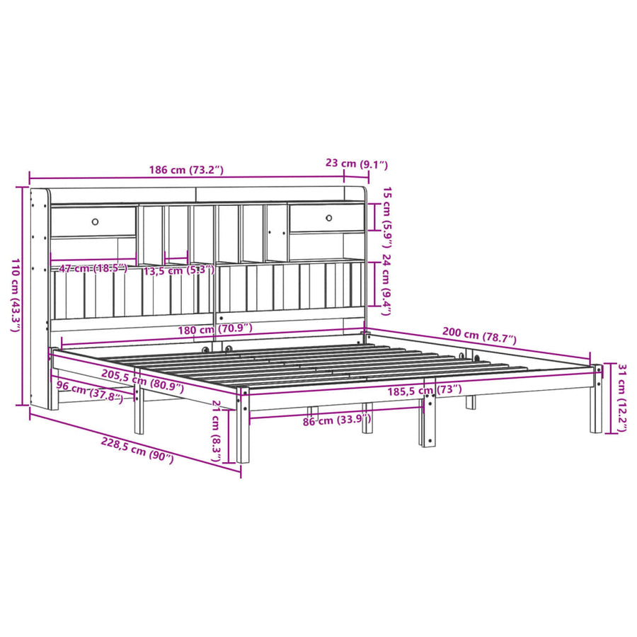 Bed met boekenkast zonder matras grenenhout wit 180x200 cm