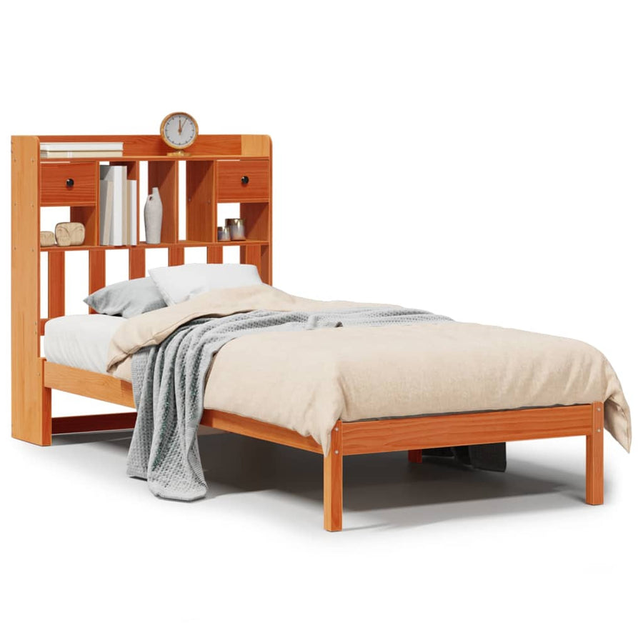 Bed met boekenkast zonder matras grenenhout wasbruin 75x190 cm