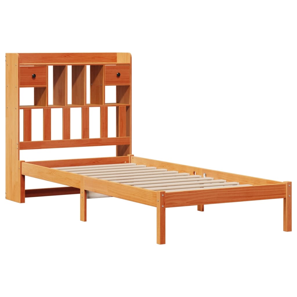 Bed met boekenkast zonder matras grenenhout wasbruin 75x190 cm
