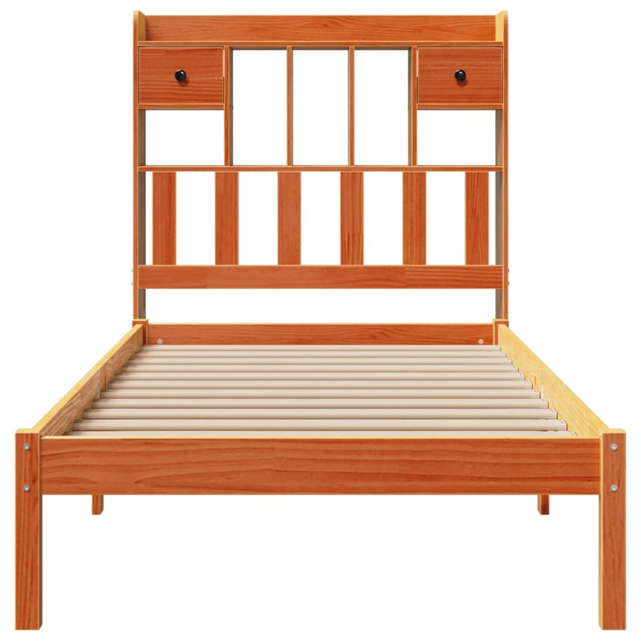 Bed met boekenkast zonder matras grenenhout wasbruin 75x190 cm