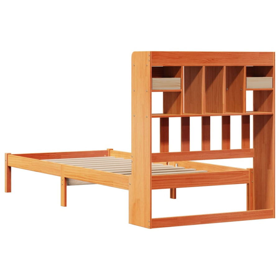 Bed met boekenkast zonder matras grenenhout wasbruin 75x190 cm