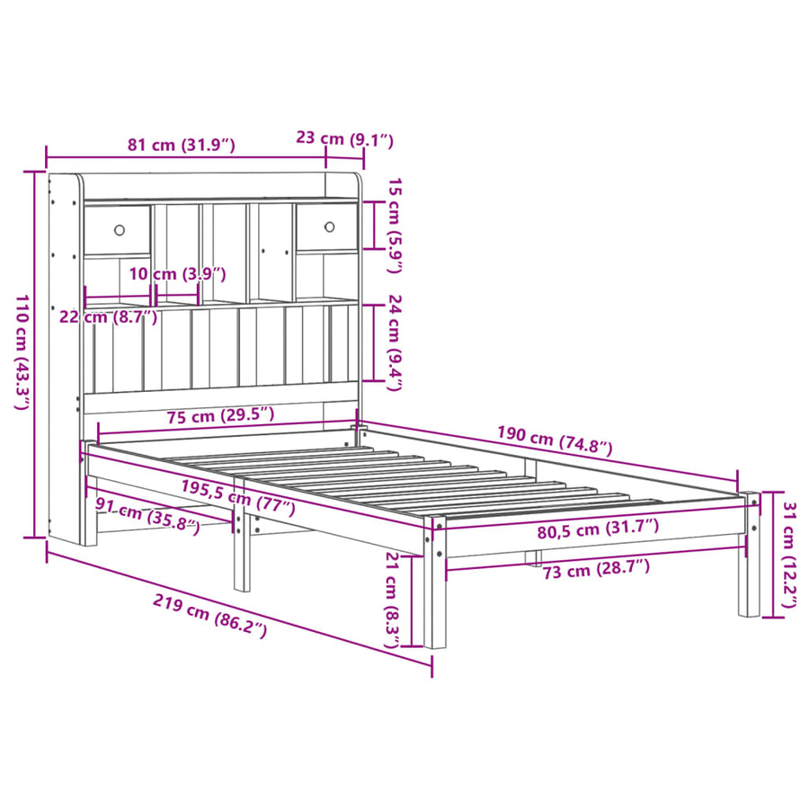 Bed met boekenkast zonder matras grenenhout wasbruin 75x190 cm
