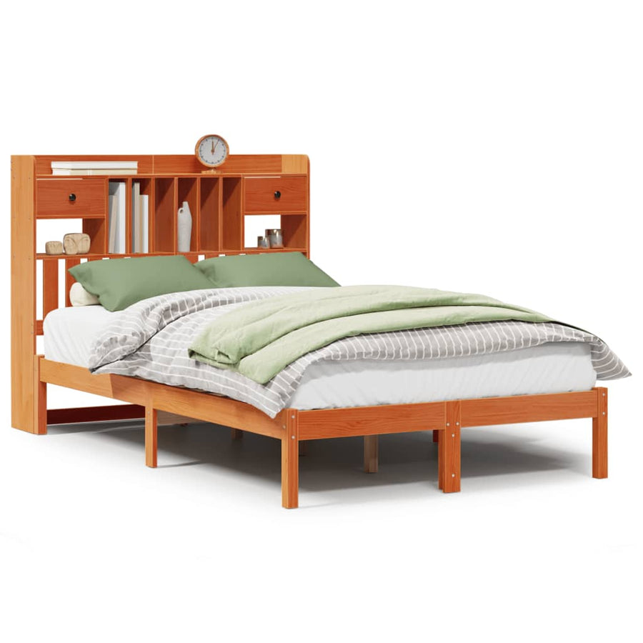 Bed met boekenkast zonder matras grenenhout wasbruin 135x190 cm