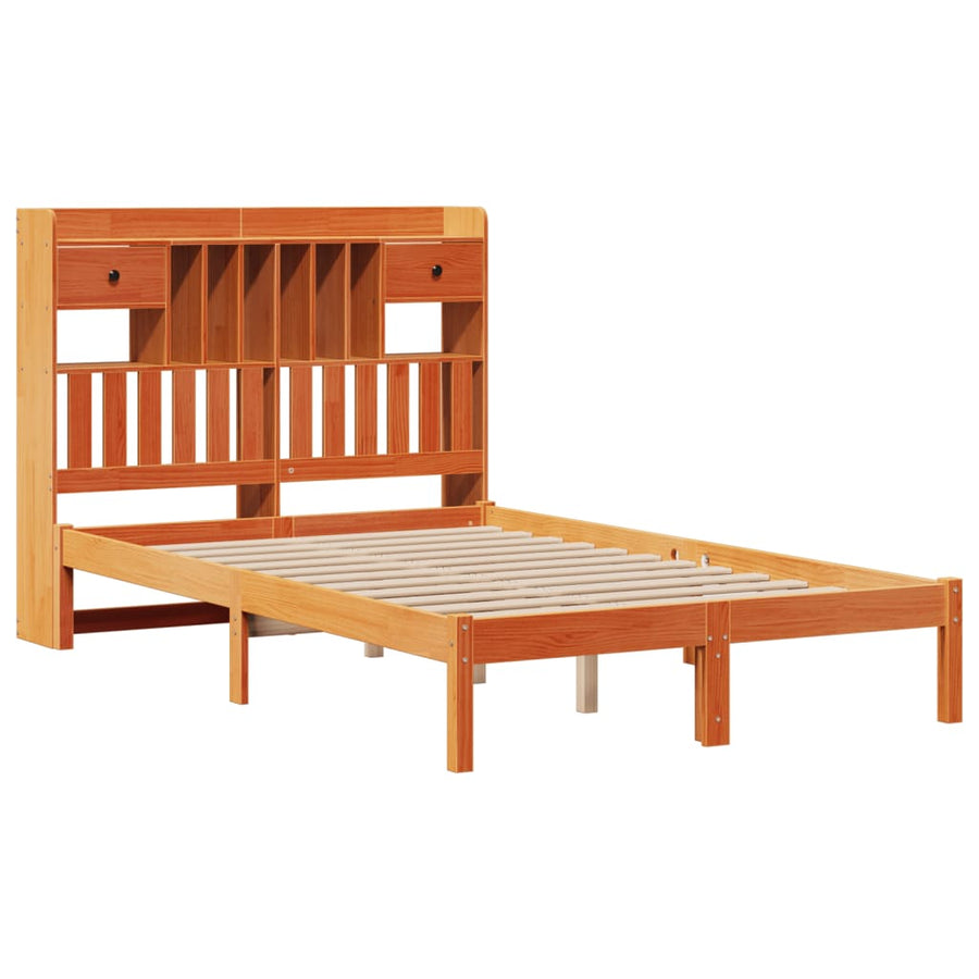 Bed met boekenkast zonder matras grenenhout wasbruin 135x190 cm