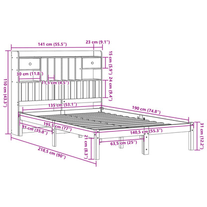 Bed met boekenkast zonder matras grenenhout wasbruin 135x190 cm