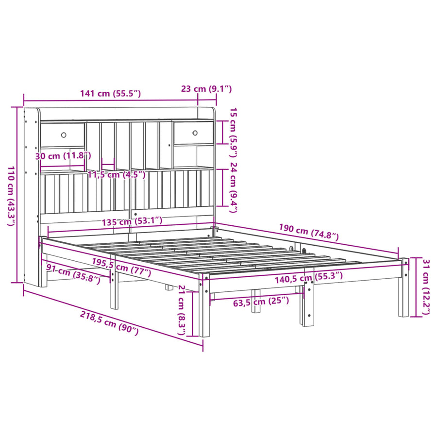 Bed met boekenkast zonder matras grenenhout wasbruin 135x190 cm