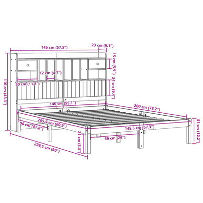 Bed met boekenkast zonder matras grenenhout wasbruin 140x200 cm