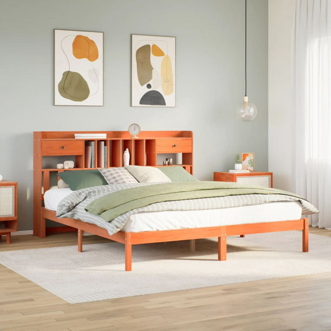 Bed met boekenkast zonder matras grenenhout wasbruin 180x200 cm